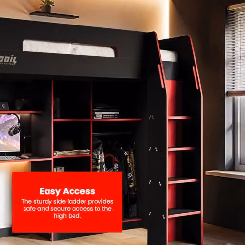 Flair Furnishings Recoil High Sleeper Gaming Bed with Storage, Desk and Stairs in Black and Red, W/D/H: 90 x 190 x 181 cm – 4