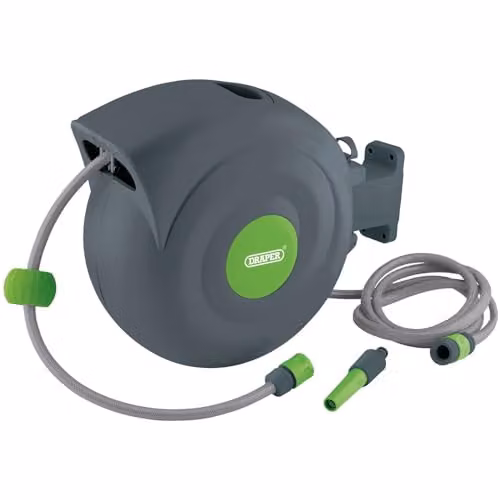 Draper 15046 Automatic Retractable Garden Hose Reel with Wall Bracket, Grey and Multicolour, 20m