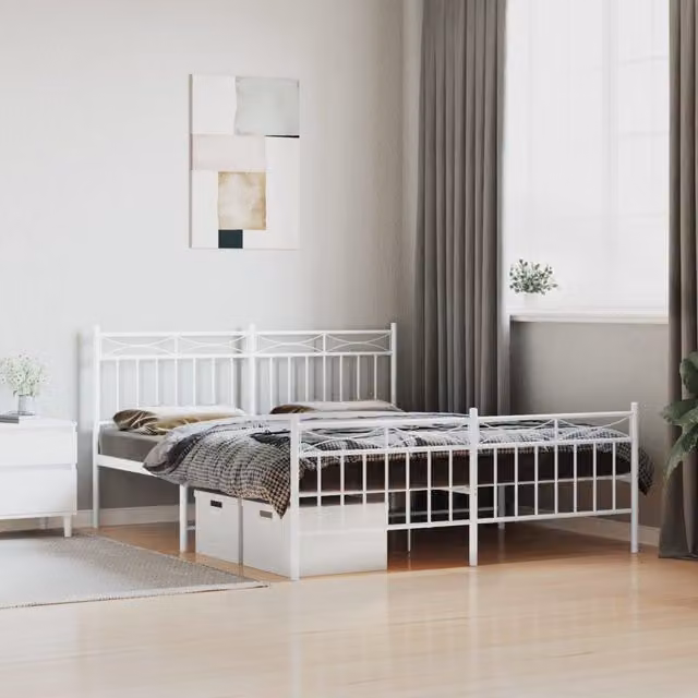 Berkfield Home Metal Bed Frame with Headboard and Footboard in White, W/D/H: 150 x 200 cm – 1
