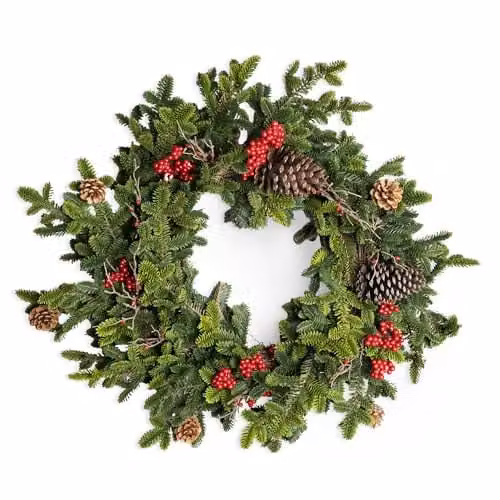 SHATCHI Artificial Fir Christmas Wreath in Green and Red with Real Touch Pine Needles, Berries and Pine Cones, Diameter: 80 cm