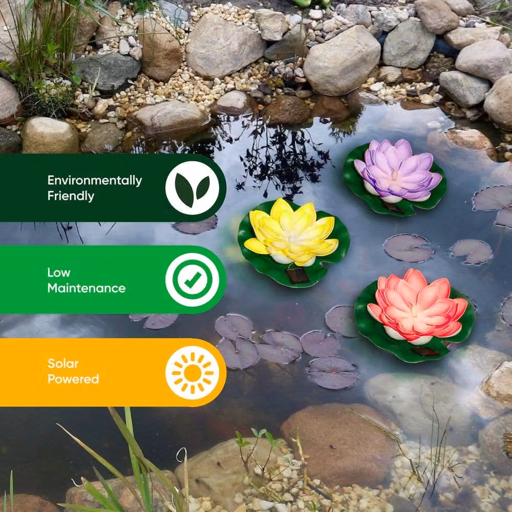 Gardenwize Pack of 3 Solar Floating Lotus Pond Lights, Warm White LED Outdoor Water Feature Lights – 4