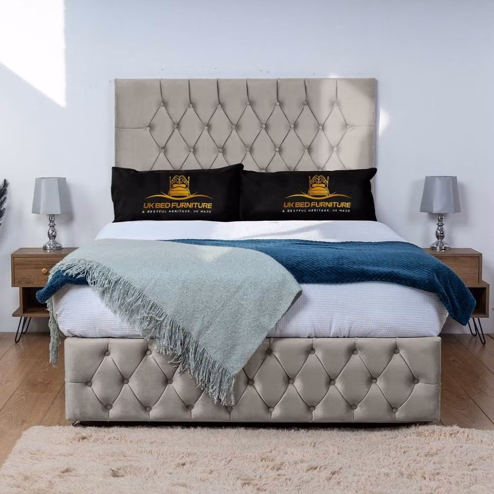 UK Bed Furniture Monaco Divan Bed Base with 26 Inch Headboard in Light Beige Velvet, Super King, W/D/H: 200 x 200 cm