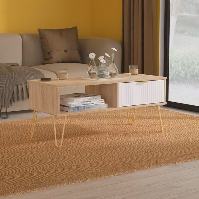 2 U Bexley 1 Drawer Coffee Table in Natural with Gold Metal Legs