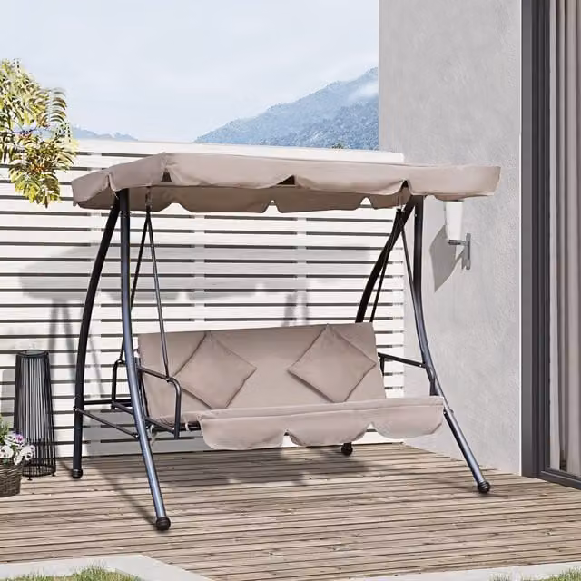Outsunny 3 Seater Garden Hammock Bed with Sun Canopy and Cushions, Beige and Brown