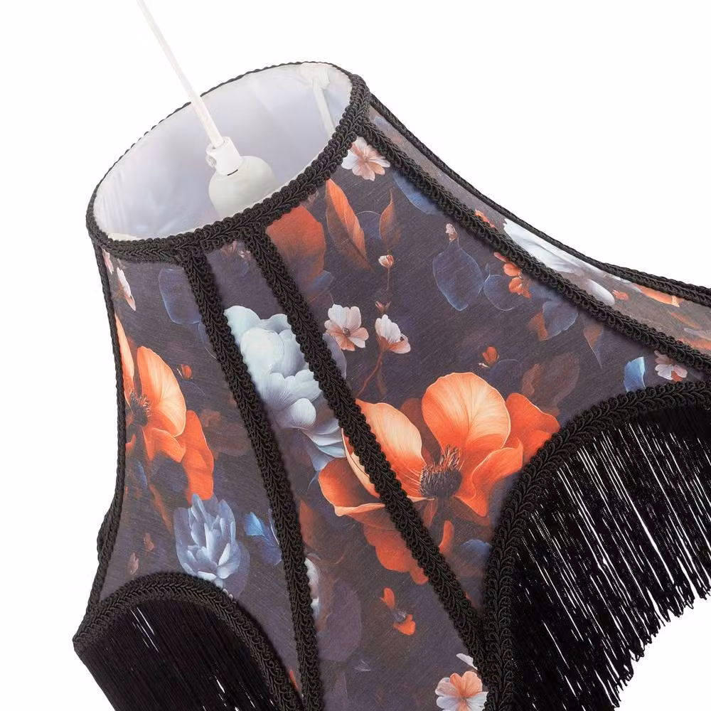Happy Homewares Large Vintage 1920s Victorian Black Fabric Lamp Shade with Multicolour Flowers, Diameter: 42 cm – 3