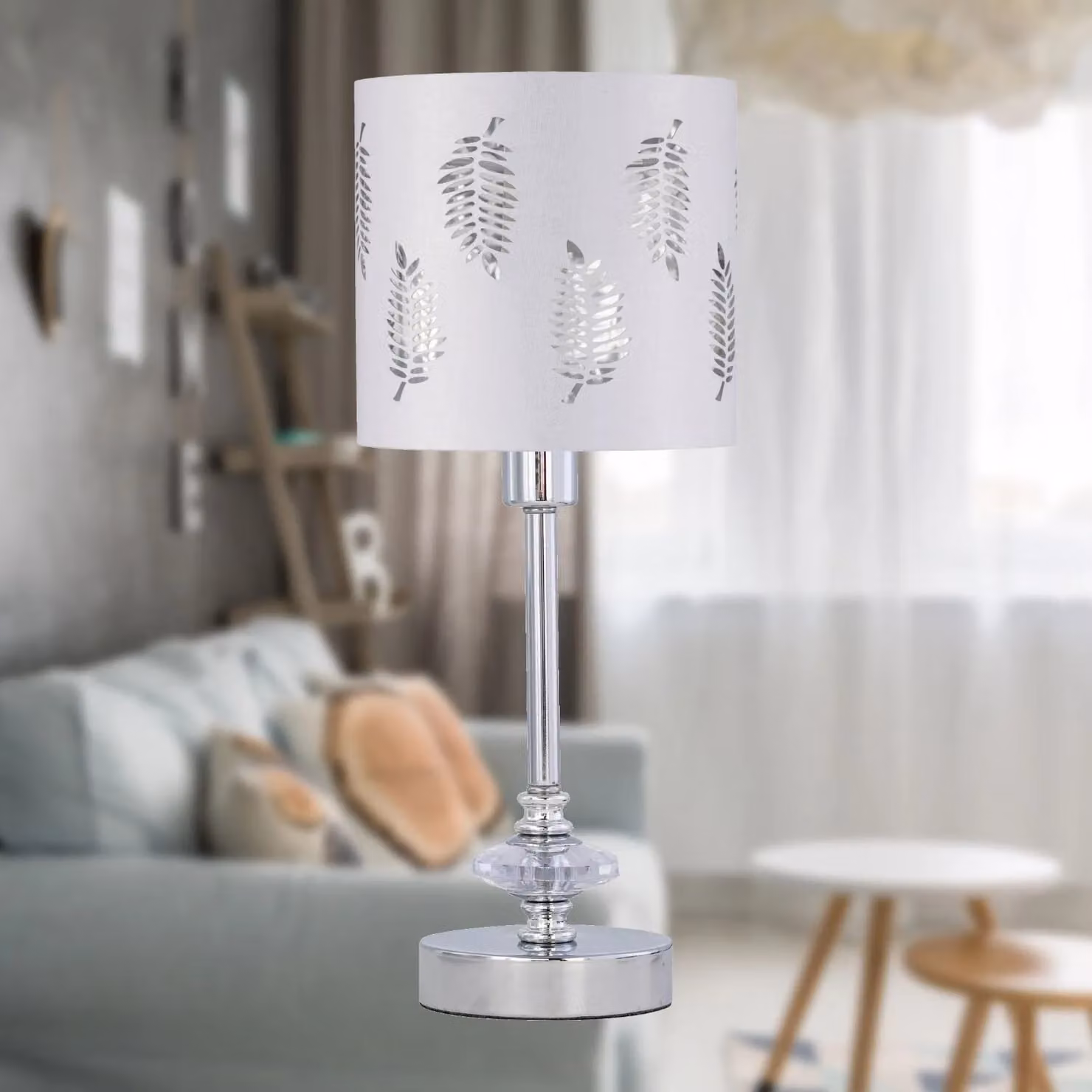 First Choice Lighting Chrome Jewelled Table Lamp with White Fabric Shade in Silver – 2