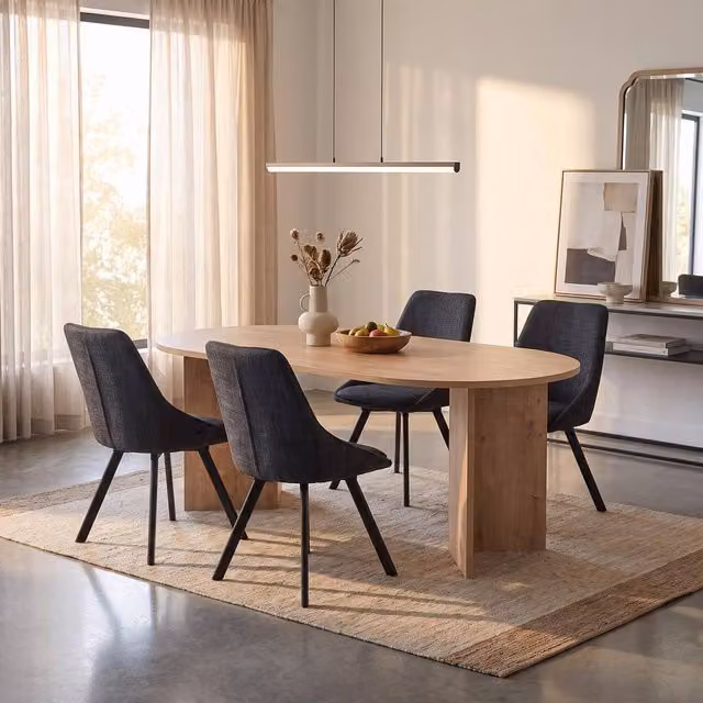 FWStyle 5 Piece Modern Oak Dining Set with Brown Table and 4 Black Swivel Chairs, W: 180 cm, D: 90 cm, H: 75 cm