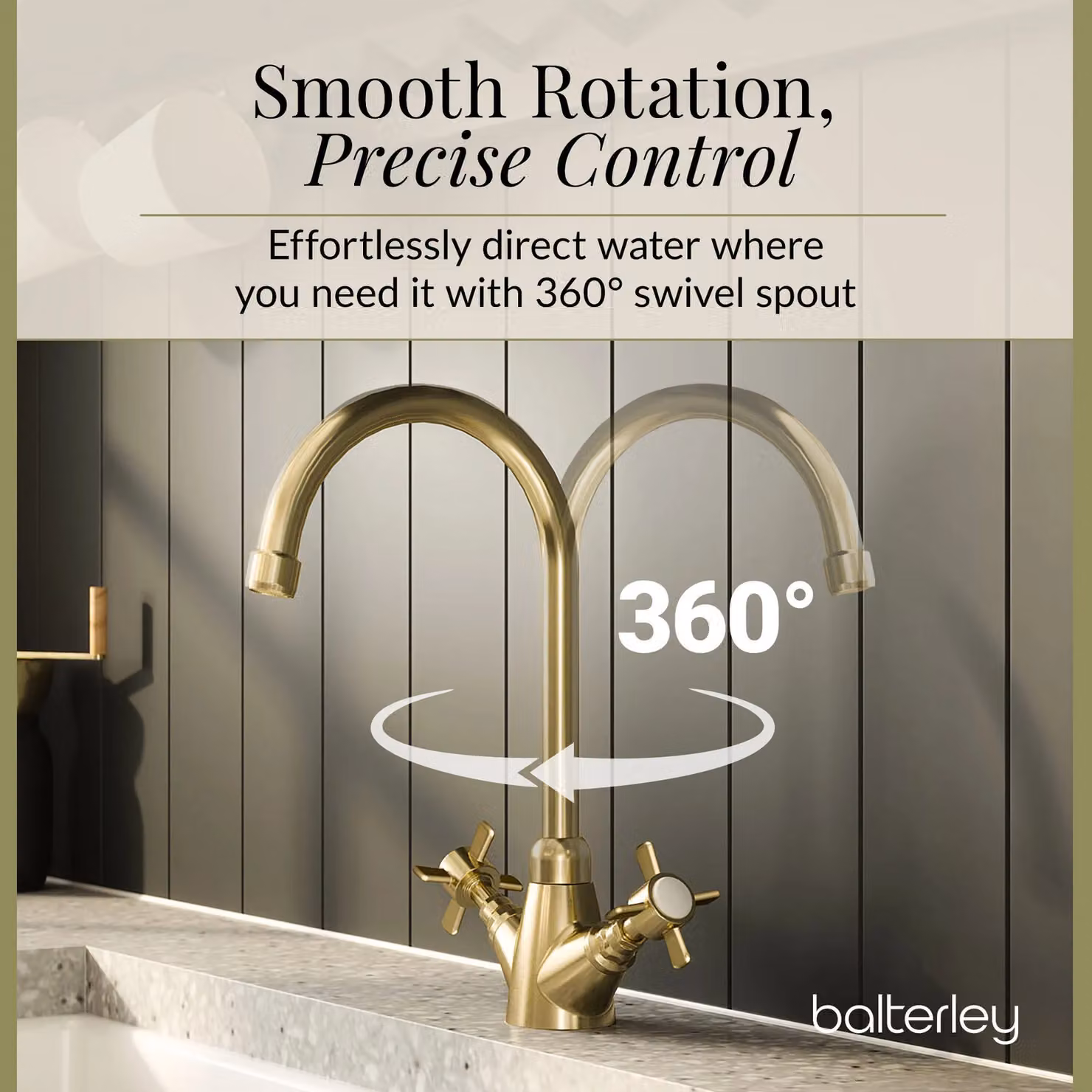 Balterley Traditional Kitchen Mono Mixer Tap with Dual Crosshead Handles in Brushed Brass, H 34.5 cm x W 18 cm x D 16.5 cm – 2