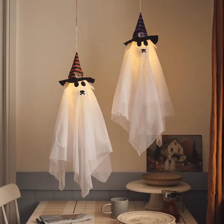 Lights4fun 2 Hanging LED Ghost Dog Halloween Decorations in Multicolour, Purple, Orange and White