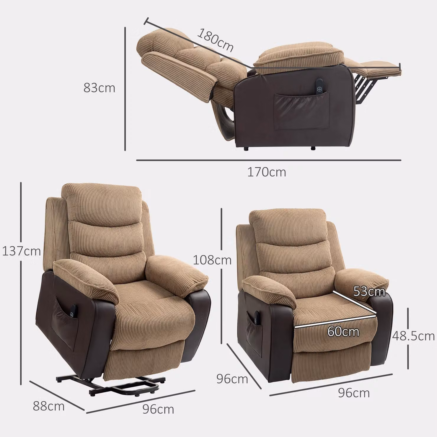 HOMCOM Brown Corduroy Power Lift Recliner Chair with Remote Control – 3