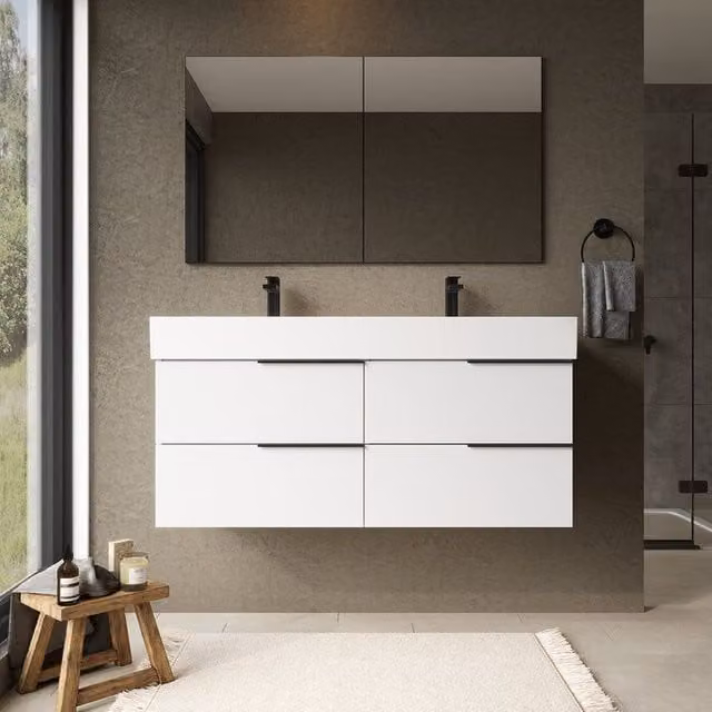 Banyetti Celtic Wall Hung Bathroom Vanity Unit with Veneto 2 Tap Hole Basin, Gloss White, W: 120 cm, D: 45 cm, H: 48 cm – 1