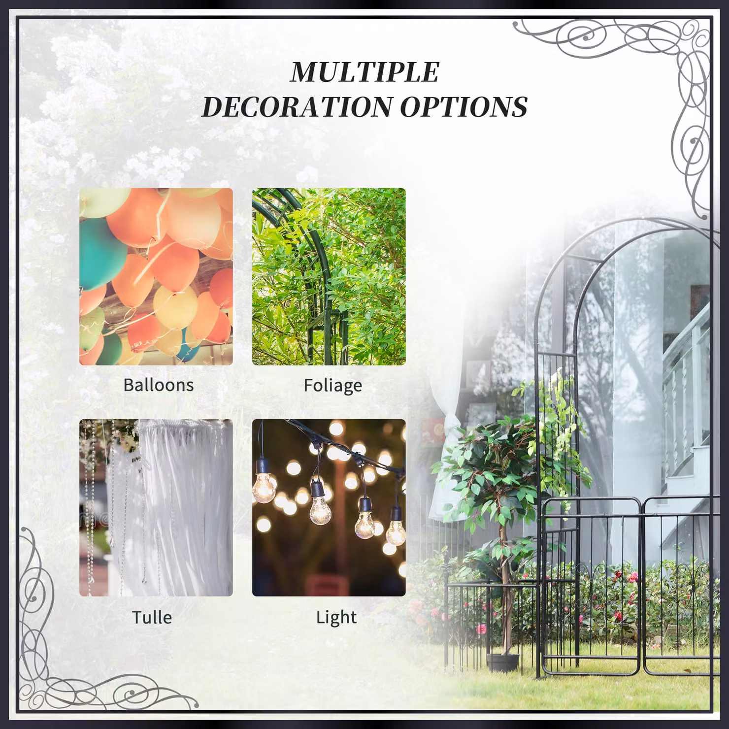 Outsunny Black Metal Arched Garden Gate with Double Doors and Side Planter Baskets for Climbing Vines – 3