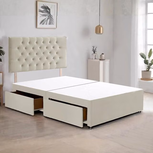 Bed Time UK Plush Velvet Divan Bed Frame with 2 Drawers and Chesterfield Headboard in Ivory, W/D/H: 120 x 200 cm