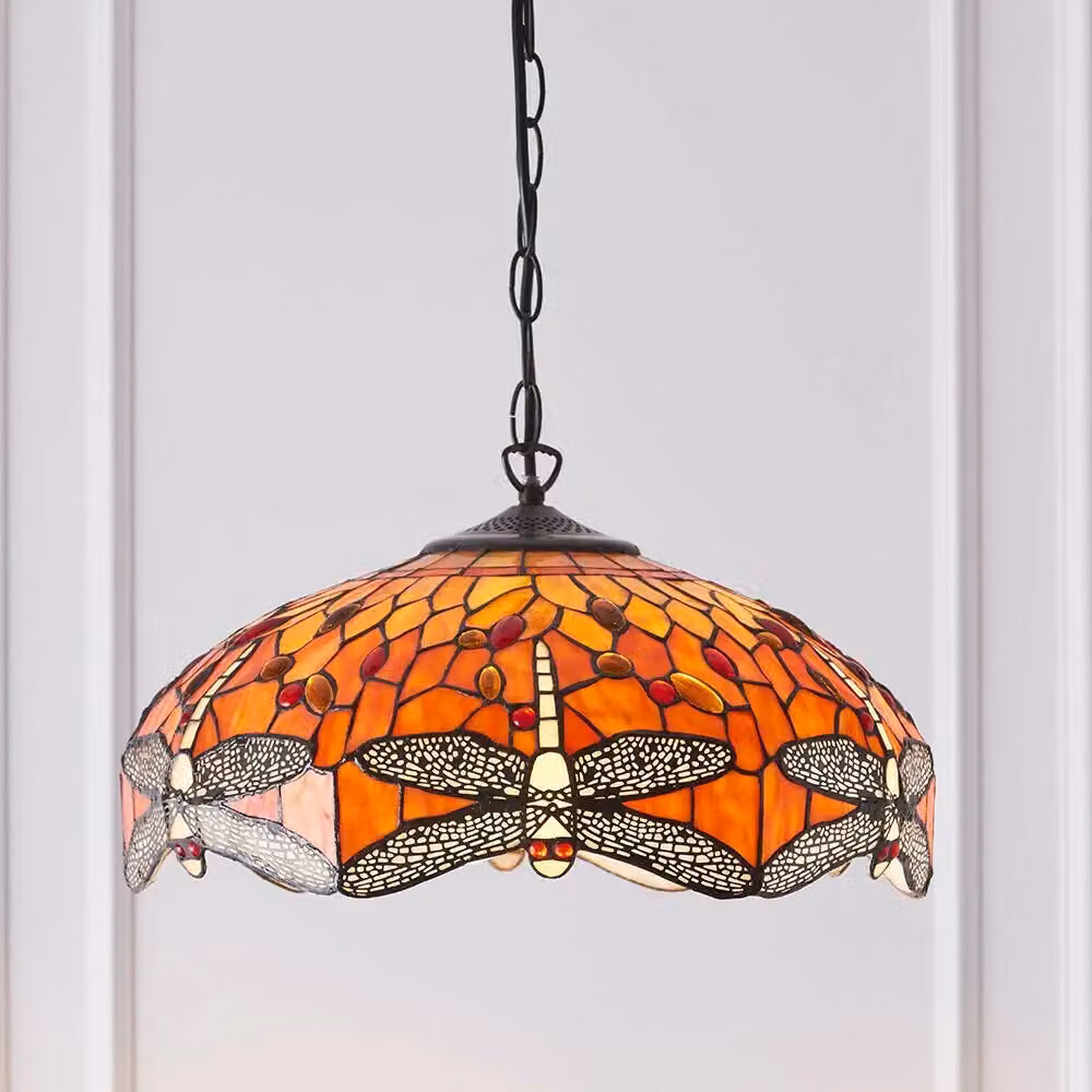 Loops Tiffany Glass Hanging Ceiling Pendant Light with Orange Dragonfly Design and 3 Lamp Shades in Multicolour Orange, Red and Bronze – 2