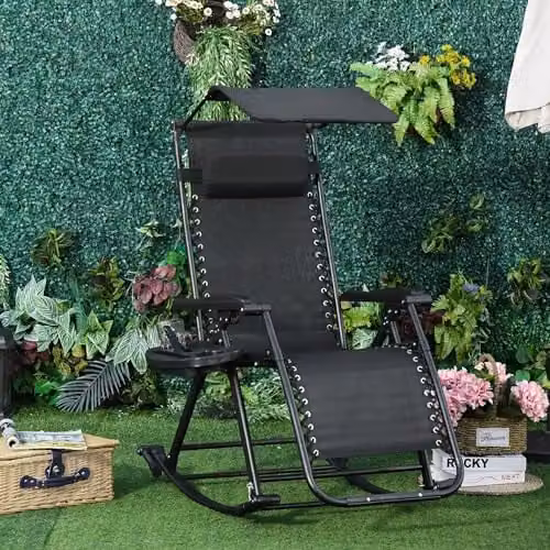 Outsunny Black Folding Recliner Garden Rocking Chair with Sun Canopy, Adjustable Headrest and Side Tray – 2