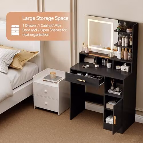 MCC Direct Truro Dressing Table with Hollywood LED Mirror and Storage, Black, W/D/H: 140 x 40 x 80 cm – 6