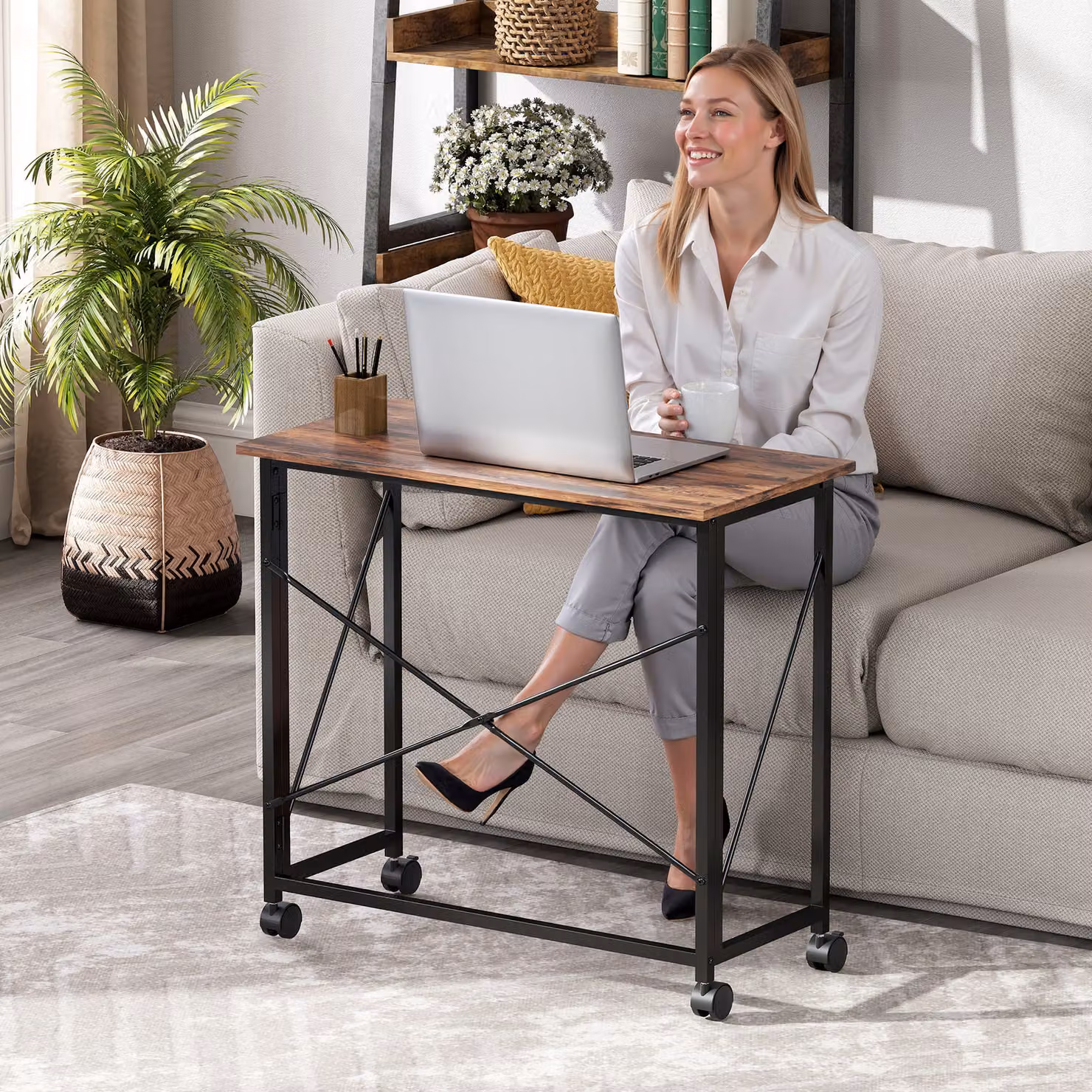 HOMCOM Folding Computer Desk with Castors, Rustic Brown – 7