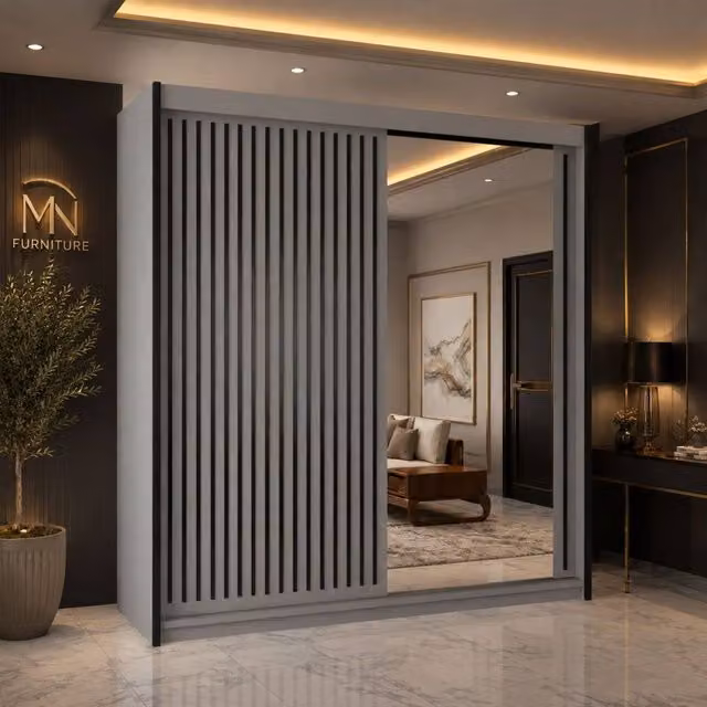 MN Furniture Reno 2 Sliding Door Wardrobe with Mirror and LED Light, Grey/Beige, W: 203 cm, H: 217 cm – 1