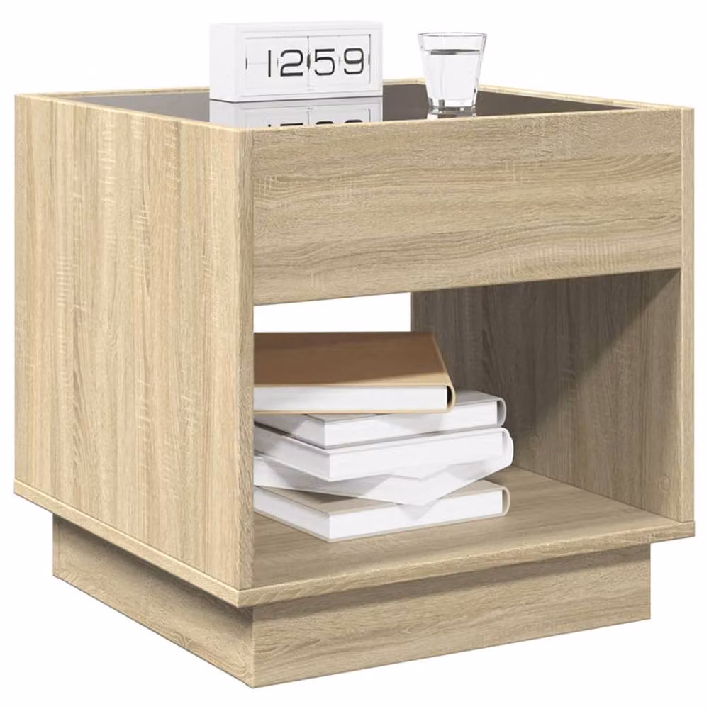 Berkfield Home Infinity LED Bedside Table in Sonoma Oak Brown with Mirror Top, W/D/H: 50 x 50 x 50 cm – 4