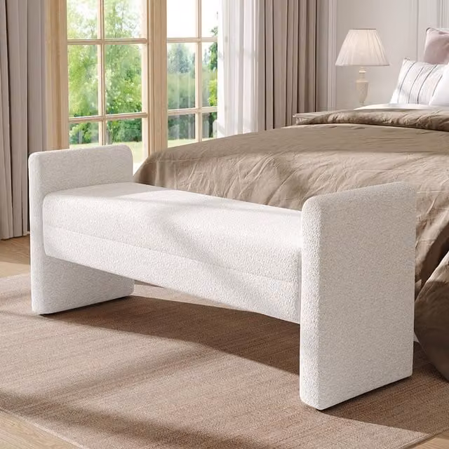Livingandhome White Bouclé Upholstered Window Seat and End of Bed Bench with Armrests