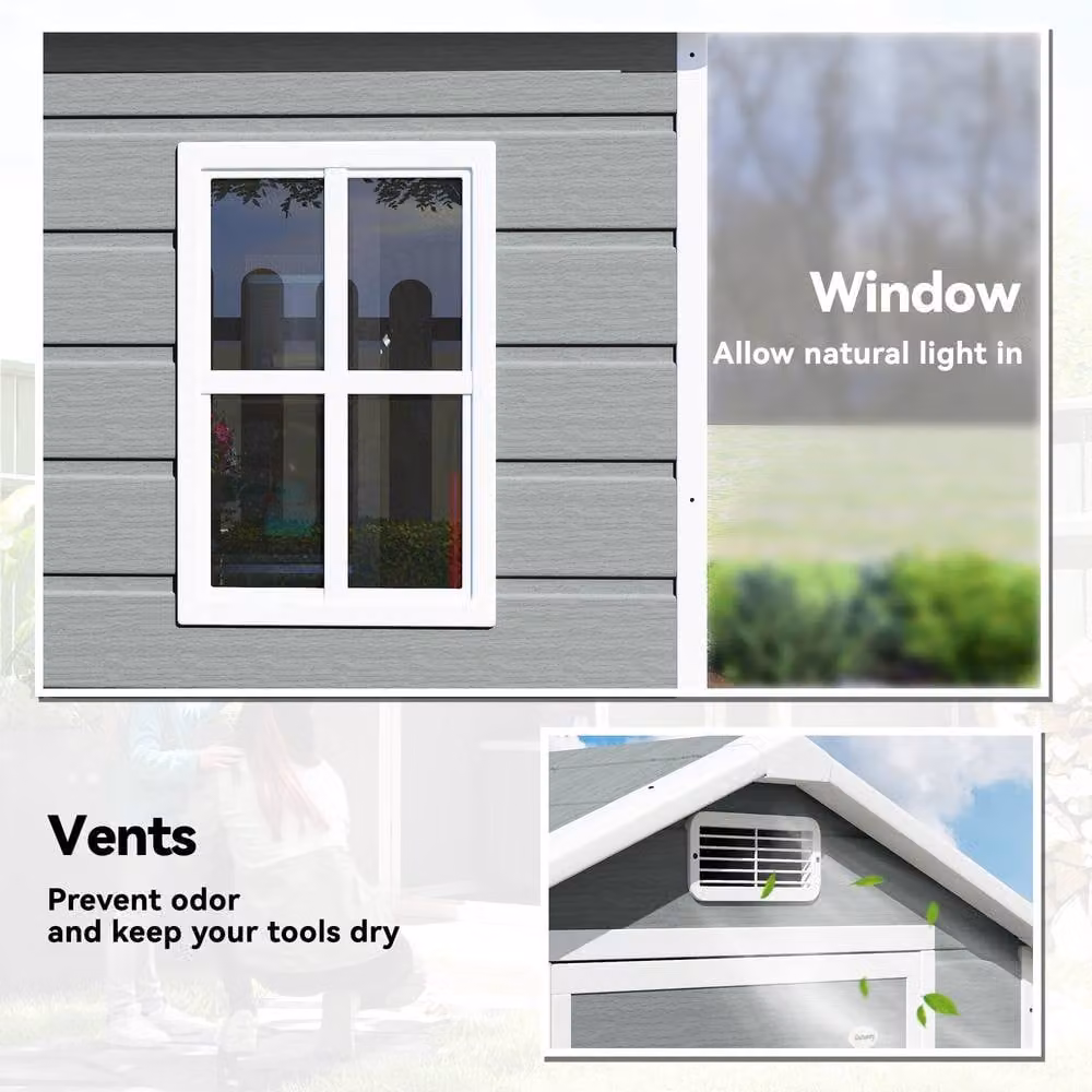OUTSUNNY Plastic Garden Storage Shed with Window and Vent, Light Grey, W/D/H: 121.92 x 91.44 x 196 cm – 4