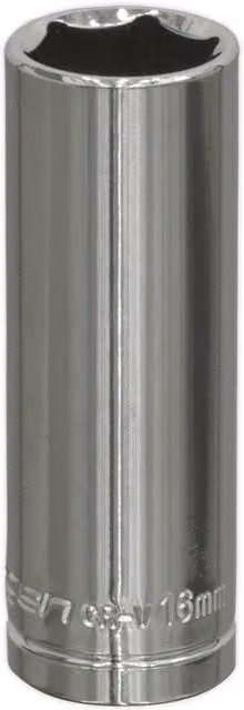 Loops 16mm Deep Drive Socket, 3/8 inch Square Drive, Chrome Plated Carbon Steel, Silver