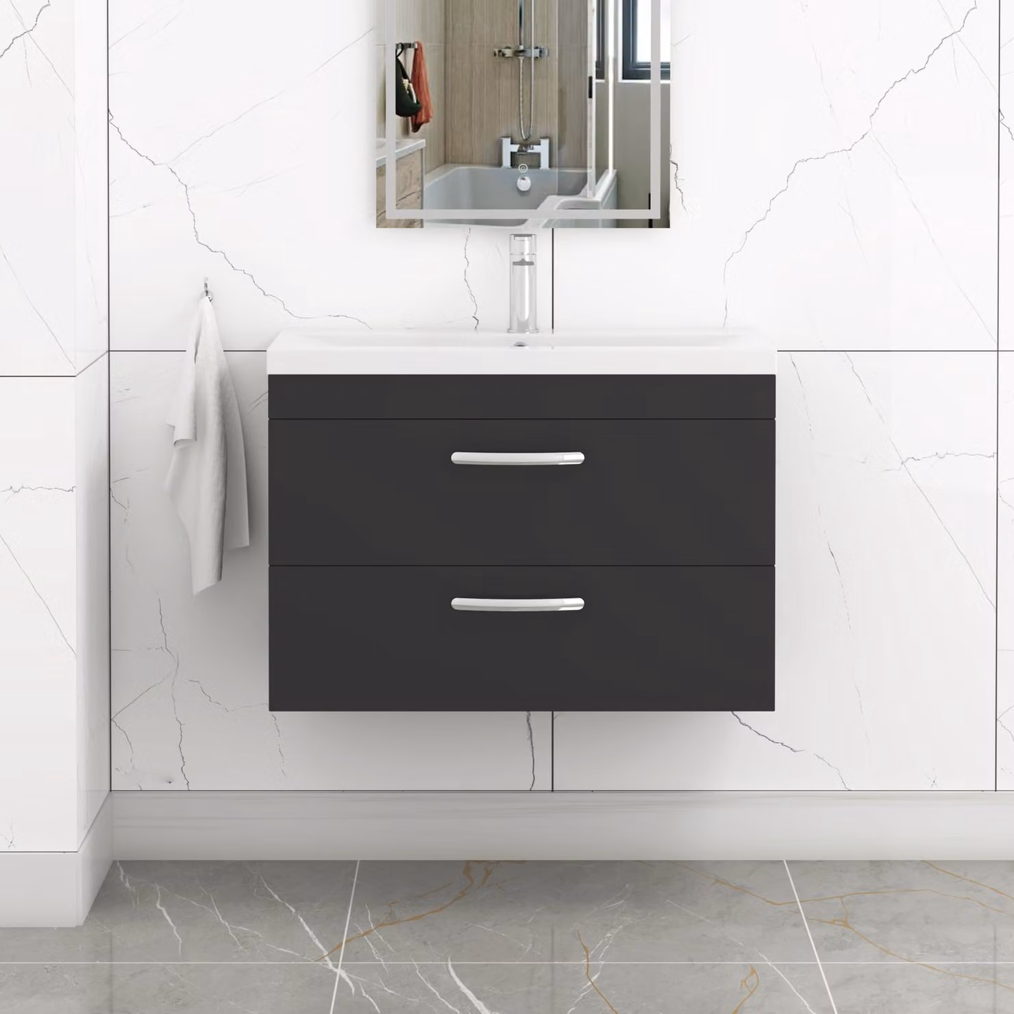 Royal Bathrooms Turin 800mm Matt Black Wall Hung Vanity Unit with 2 Drawers and Mid-Edge Basin