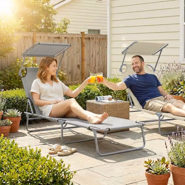 Outsunny Foldable Reclining Sun Lounger with Adjustable Sun Canopy and Headrest in Grey – 2