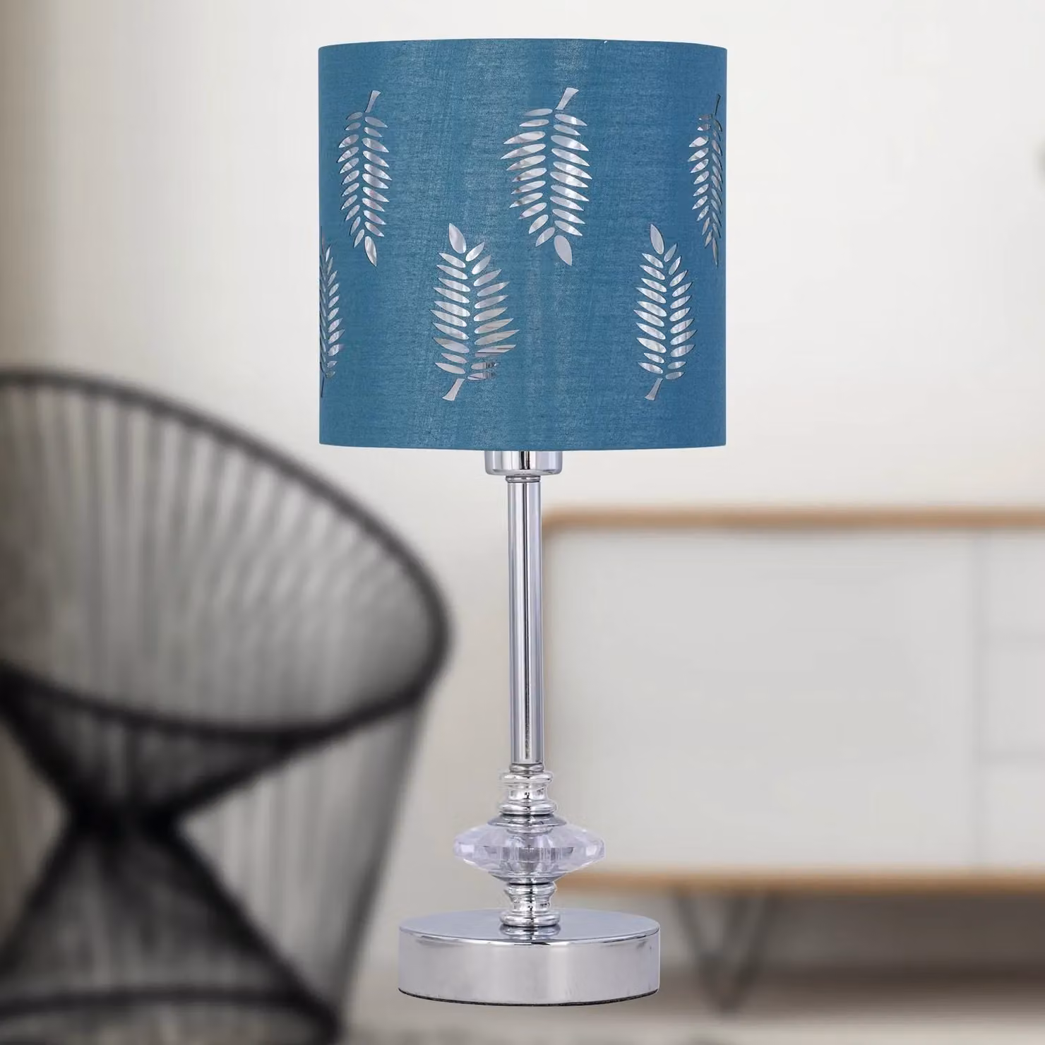 First Choice Lighting Set of 2 Chrome Jewelled Table Lamps with Petrol Blue Fabric Shades – 4