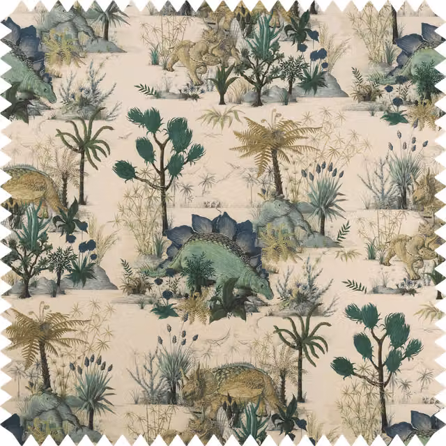 House of Hackney Dinosauria Cotton Linen Fabric in Ecru, Beige and Green