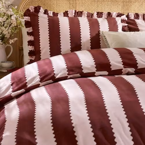 Furn Wylder Birdie Stripe Reversible Ruffle Edge Cotton Rich Pillowcase Pair in Red, W/D/H: 50 x 75 x 50 cm – 2