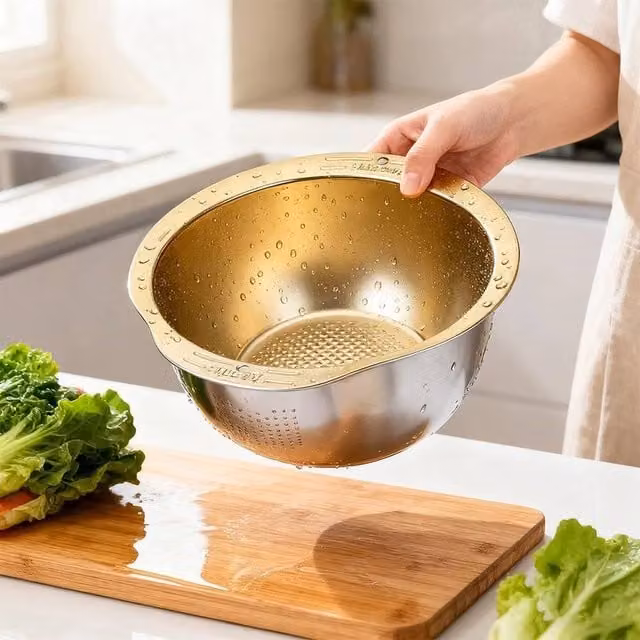 NESTLUNE Gold Large Stainless Steel Round Colander W/D/H: 100 x 15 x 15 cm – 1