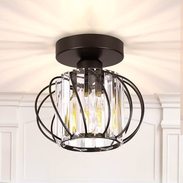 Giggi Modern Round K9 Crystal Semi Flush Ceiling Light in Black and Gold/Brass
