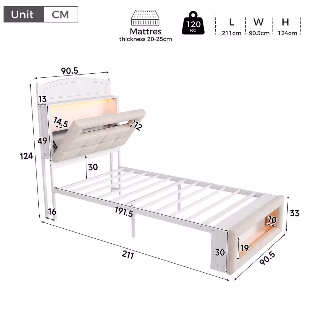 Merax Single Velvet Upholstered Bed Frame in Beige with LED Under-Bed Lighting and Side Compartments, W/D/H: 90 x 190 x 124 cm – 2