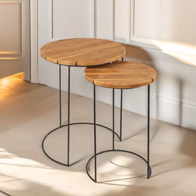 Pirlo Plush Set of 2 Round Teak Nesting Tables in Rustic Brown and Black