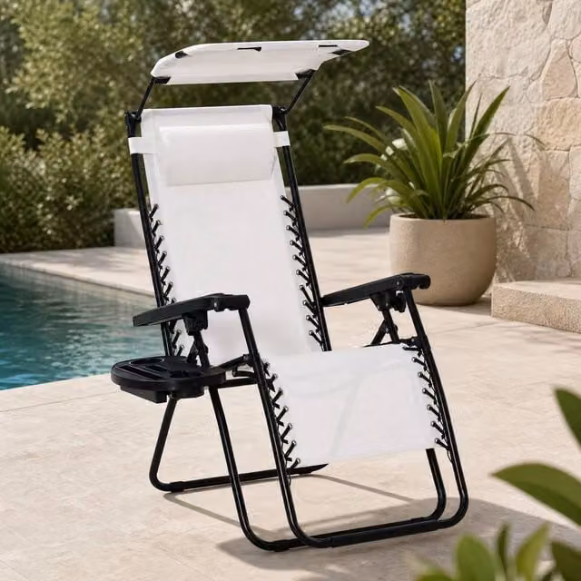 STILVORA Foldable White Sun Lounger with Powder Coated Steel Frame, Sun Canopy, Adjustable Headrest, Armrests and Side Tray