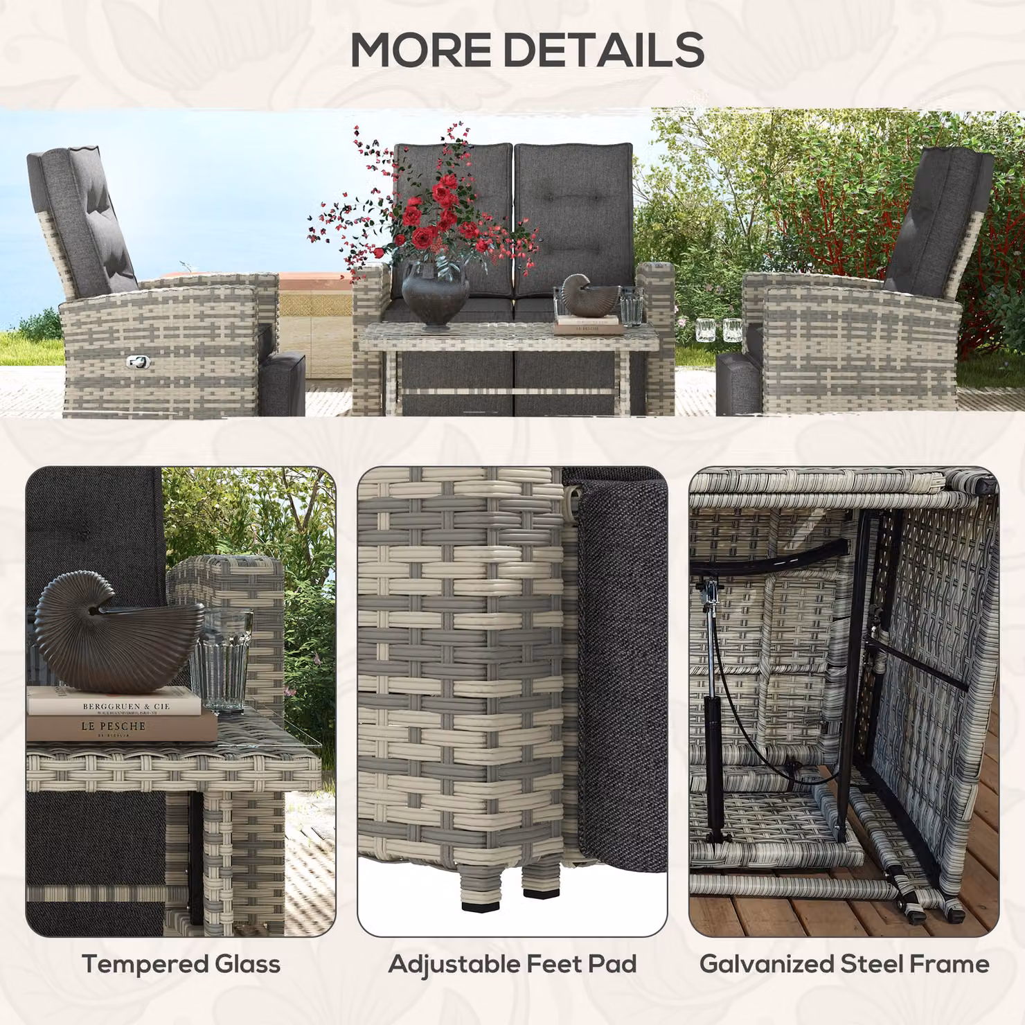Outsunny 4 Piece Rattan Garden Furniture Set with Upholstered Cushions and Glass Top Coffee Table in Grey – 6