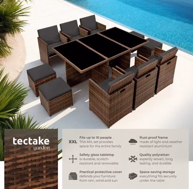 tectake New York Modern Rattan Garden Furniture Set with Glass Top and Polyester Protective Cover in Black, Brown and Beige