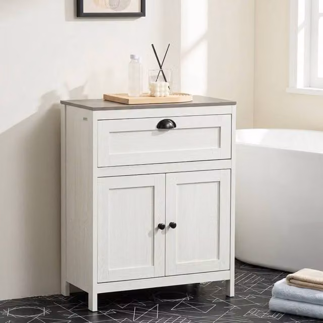 STILVORA White Matt Freestanding Bathroom Cabinet with Drawer, Cupboard and Internal Shelves – 1