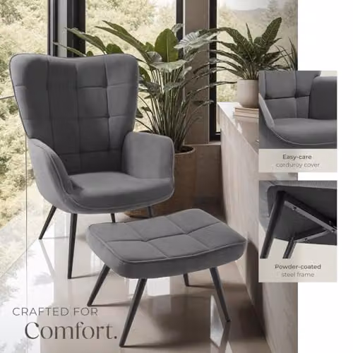 tectake Scandi Style Armchair with Integrated Footstool in Anthracite and Black Corduroy Fabric – 7