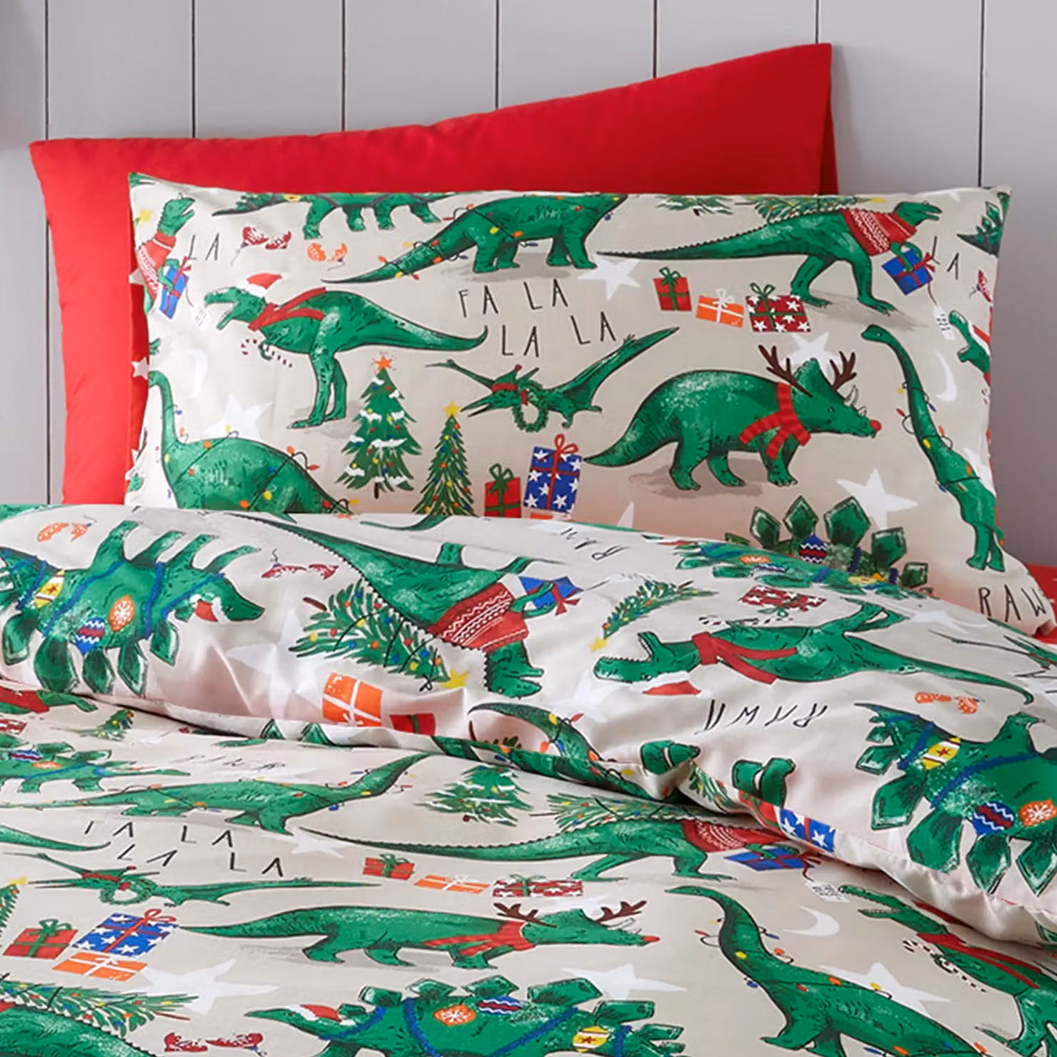 Happy Linen Company Christmas Dinosaur Glow In The Dark Reversible Duvet Cover Bedding Set in Taupe, Size: Single (90 x 200 cm) – 2