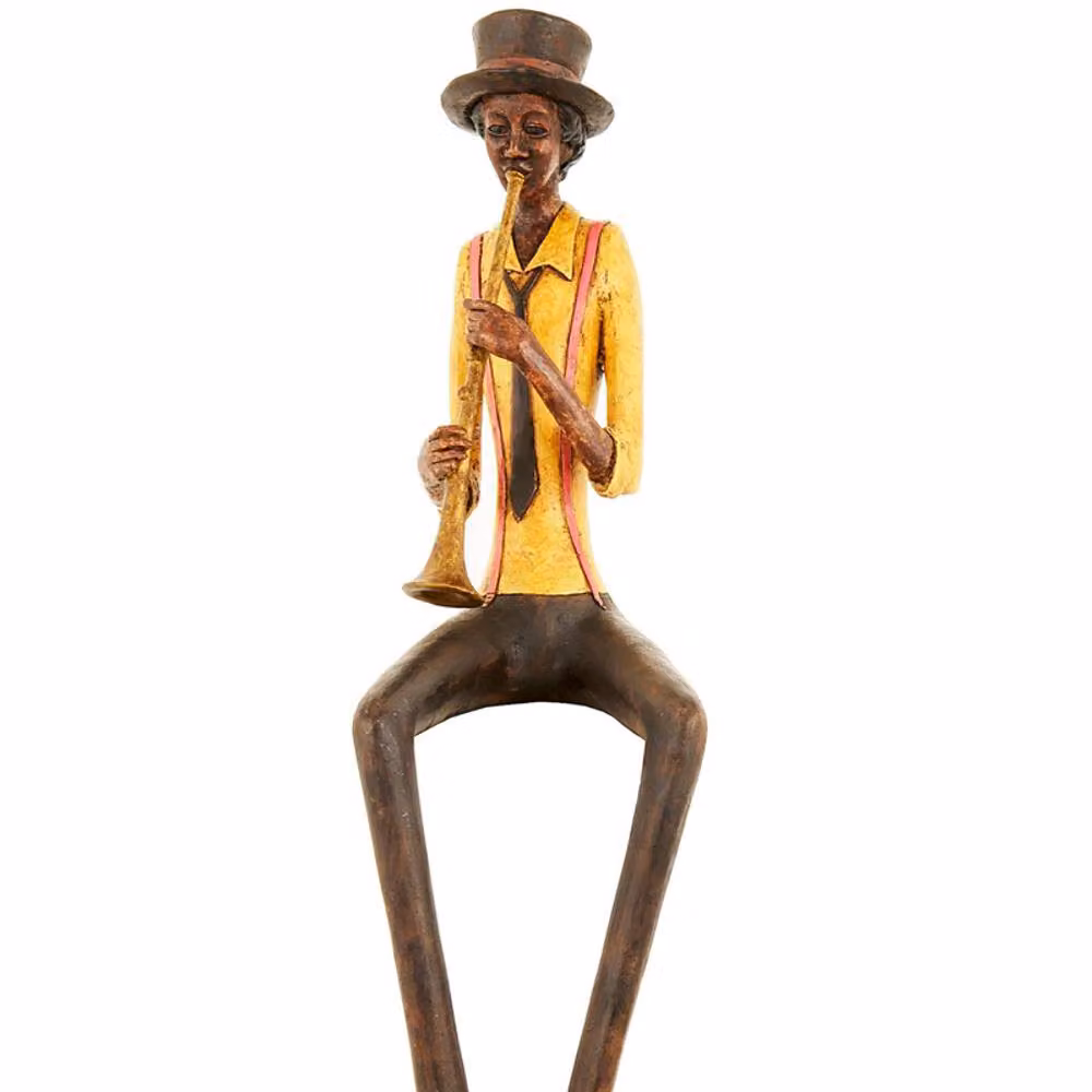 Lemon Pavilion Sitting Jazz Band Trumpeter Ornament in Brown, Yellow and Multicolour, W: 12 cm, D: 10 cm, H: 39 cm – 2