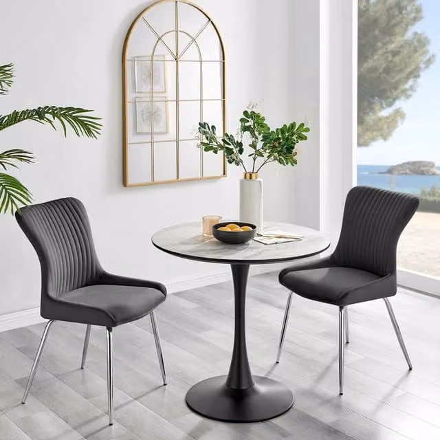 FurnitureboxUK Elina White Marble Effect Round Dining Table and 2 Nora Silver Leg Velvet Chairs in Dark Grey