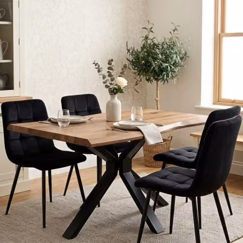 Kosy Koala 4 Seater Rustic Brown Wooden Effect Dining Table Set with 4 Black Velvet Chairs, W/D/H: 117 x 77 x 75 cm – 1