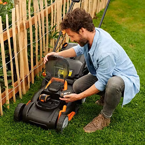 WORX WG927E PowerShare 40V Lawnmower and Trimmer Twin Pack in Orange and Multicolour with Rechargeable Battery and Quick Charger – 2
