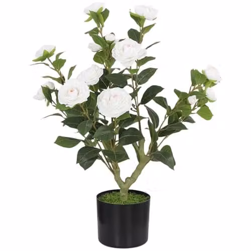 HOMCOM White and Green Artificial Camellia Flower Plant with Potted Base, Height: 65 cm – 1