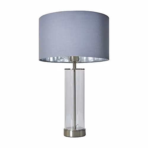 ValueLights Balan Glass and Brushed Chrome Table Lamp with Grey Cylinder Shade and LED Bulb – 1