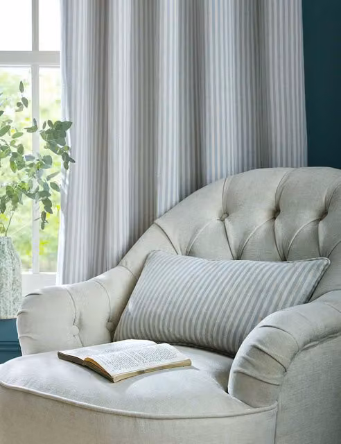 Laura Ashley Cornish Chenille Striped Eyelet Curtains, Light Blue Mix, Height: 229 cm