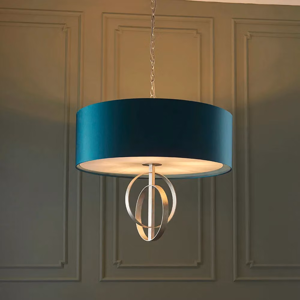 Loops Antique Silver 5-Bulb Ceiling Pendant Light with Teal Satin Shade – 2