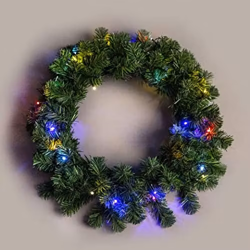 Shatchi Green Alaskan Pine Christmas Wreath with Multicolour LEDs, 55 cm – 1